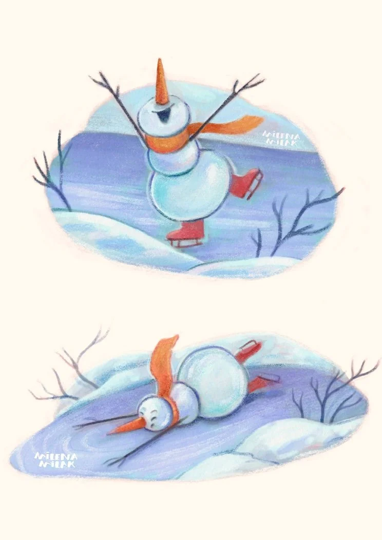 Cartoon snowman with a carrot nose, scarf, and earmuffs, ice skating on snow, in a winter landscape.