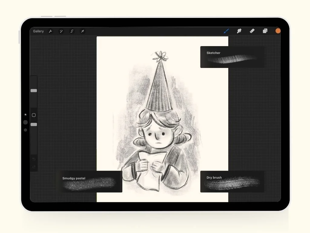 A digital drawing of a young girl wearing a party hat, holding a piece of paper, with a sad or thoughtful expression.