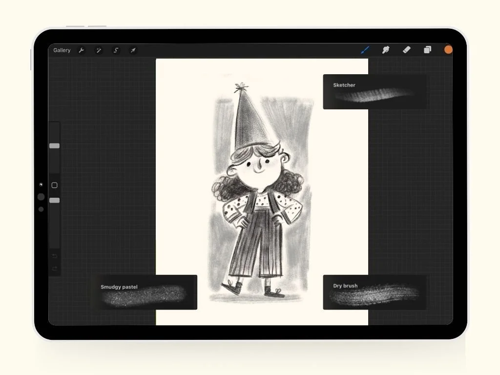 A black and white sketch of a girl wearing a tall pointed hat, with curly hair, a polka-dot shirt, and striped pants, standing with hands on hips.