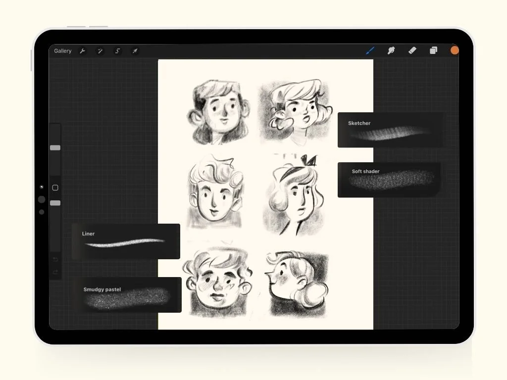 Drawing of eight cartoon-style character head sketches on a digital tablet, with various shading brushes visible.