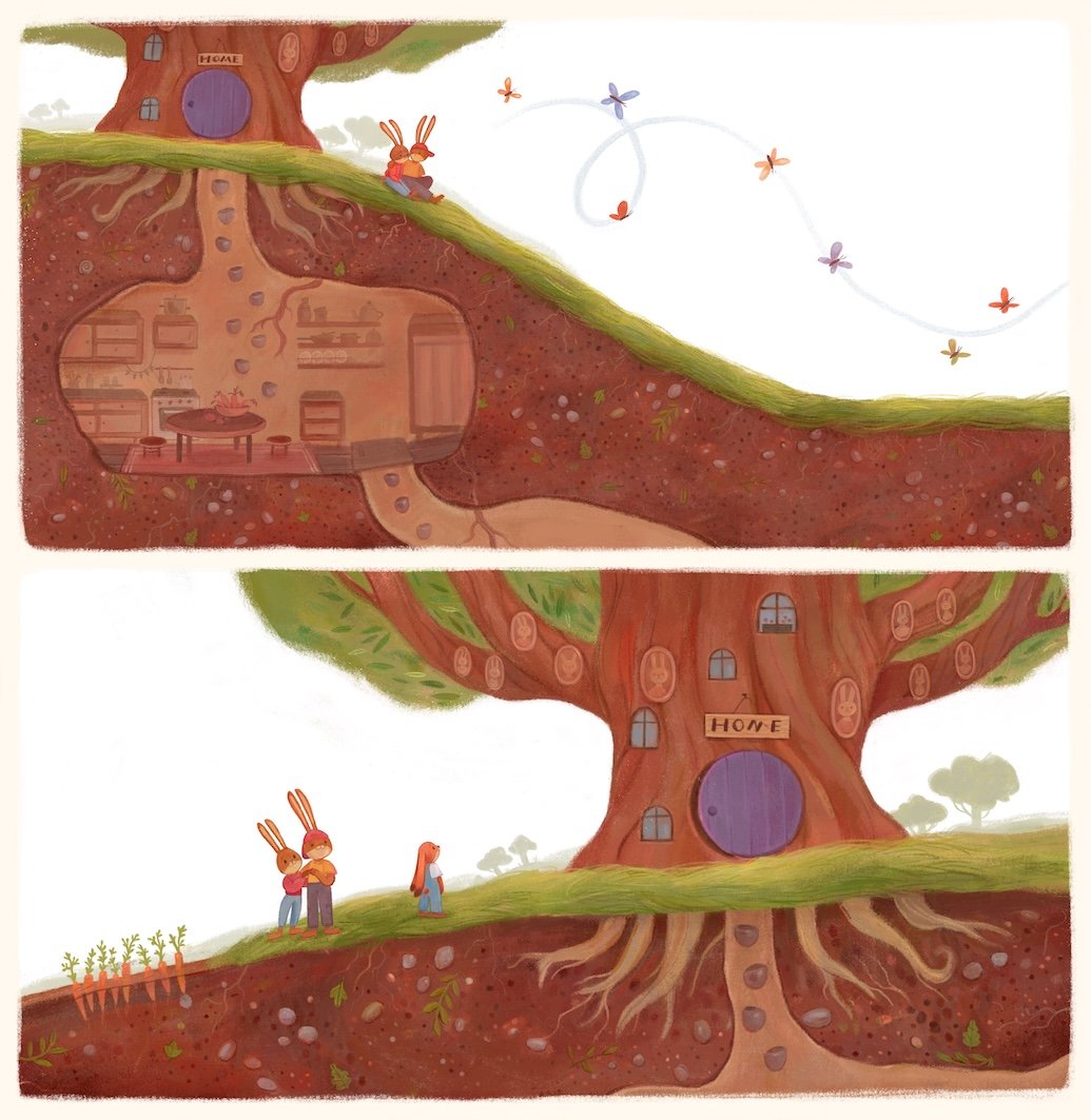 Cross-section and exterior view of an anthill shaped like a tree with a door labeled 'Home'. Inside are tunnels, rooms, and shelves with supplies. Outside, rabbits and a girl observe the anthill, with carrots growing nearby.