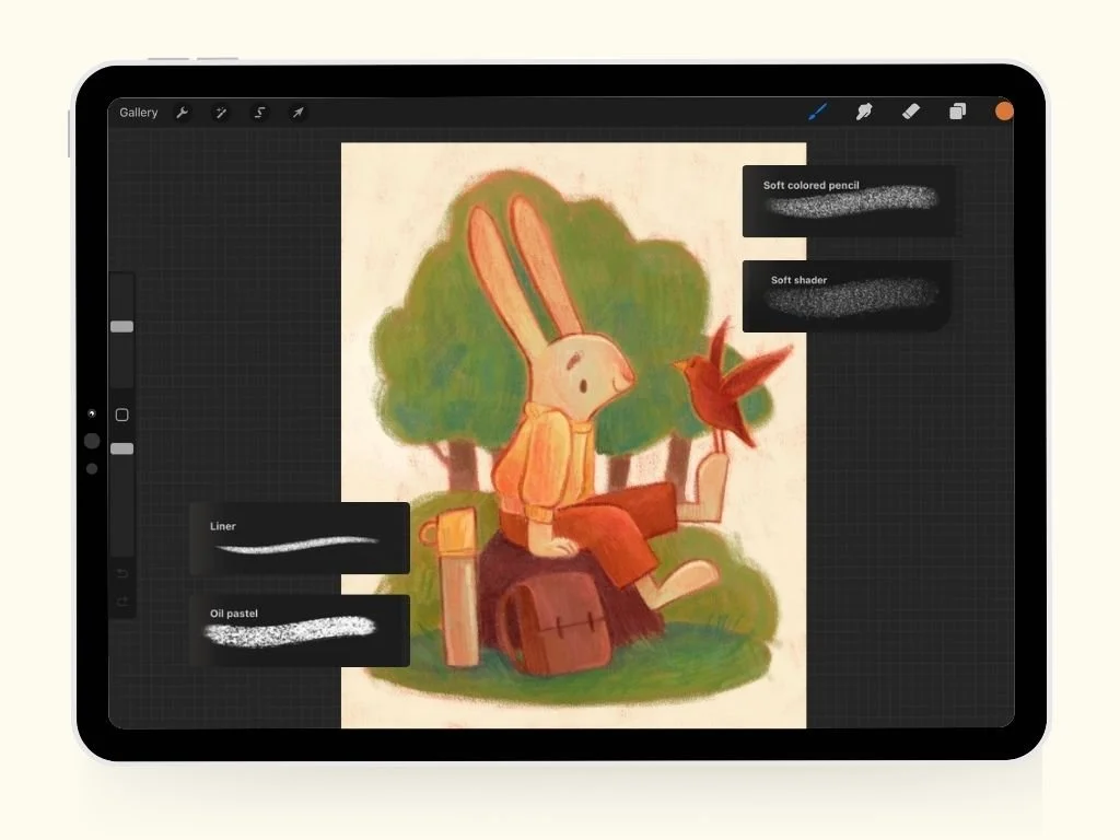 Drawing of a cartoon bunny sitting on a tree stump, holding a red bird, with green trees in the background and art tools on a digital canvas.