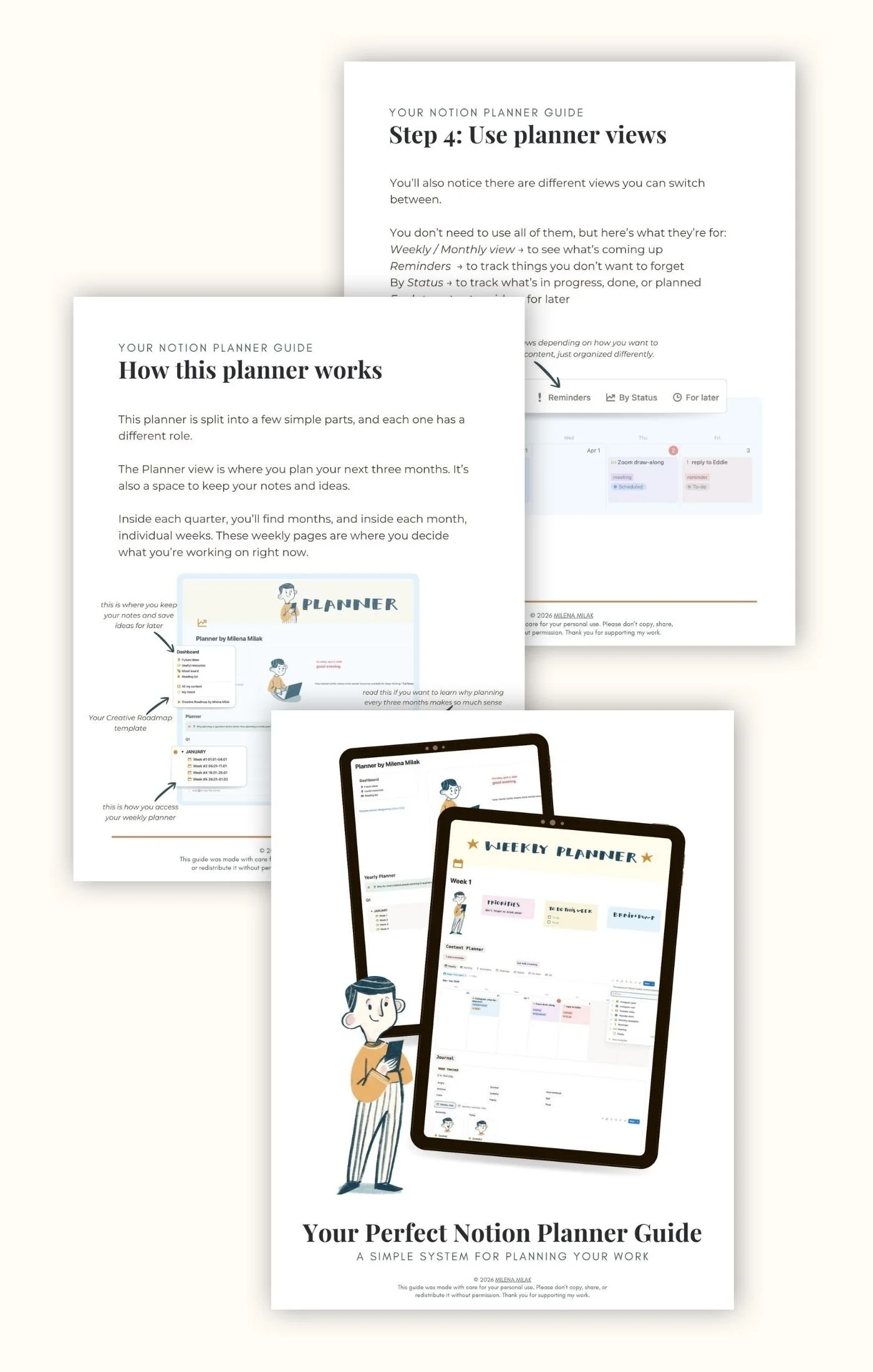 Multiple pages of a digital Notion planner guide for organizing work, showing sections on using planner views, how the planner works, and illustrations of a cartoon person with a laptop and a tablet displaying the planner interface.