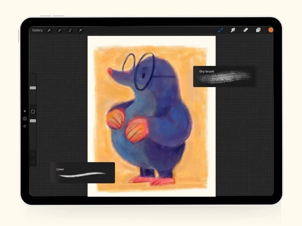 Digital illustration of a cartoon platypus wearing glasses, with orange beak and feet, a blue body, set against a yellow-orange background.