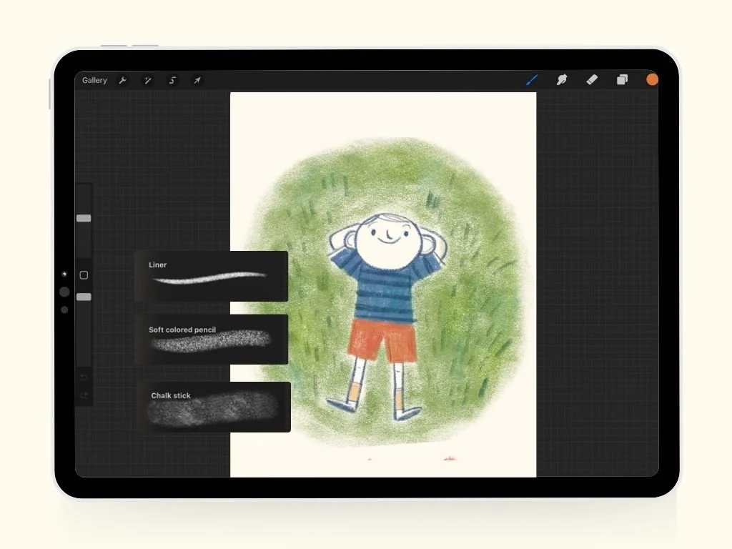 Digital drawing of a smiling child with short hair, wearing a blue striped shirt and orange shorts, standing in a grassy area
