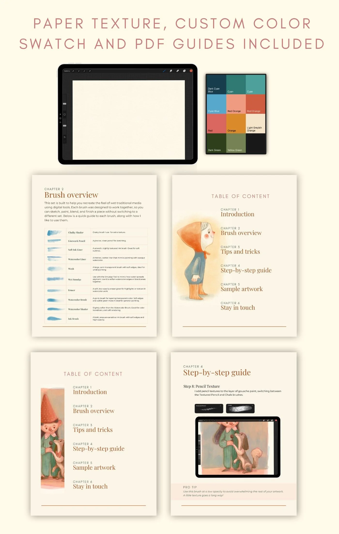 Digital booklet or guide with pages on paper texture, custom color swatch, and PDF guides, featuring text, illustrations, and digital art examples.