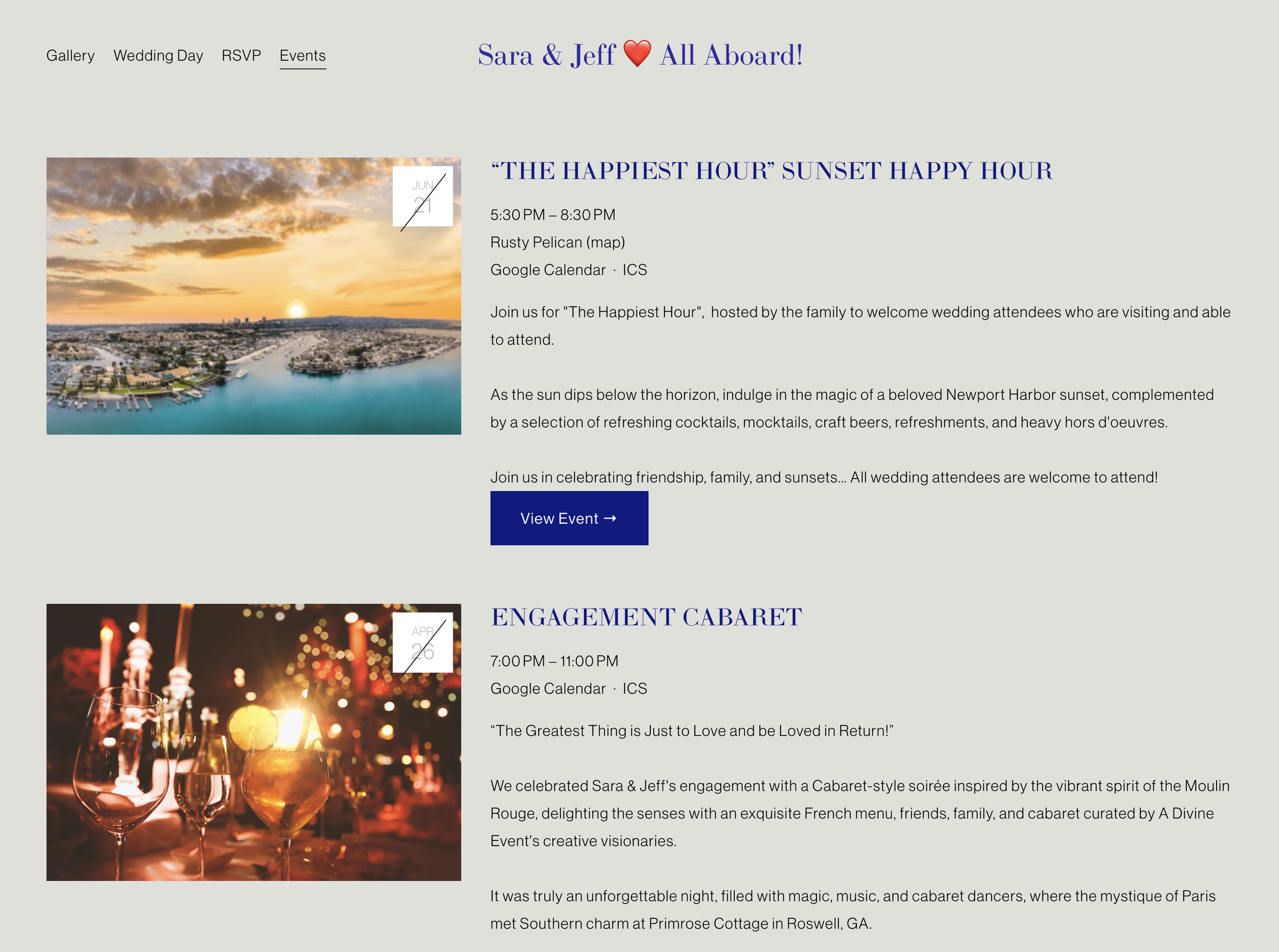 Wedding Website Events Calendars