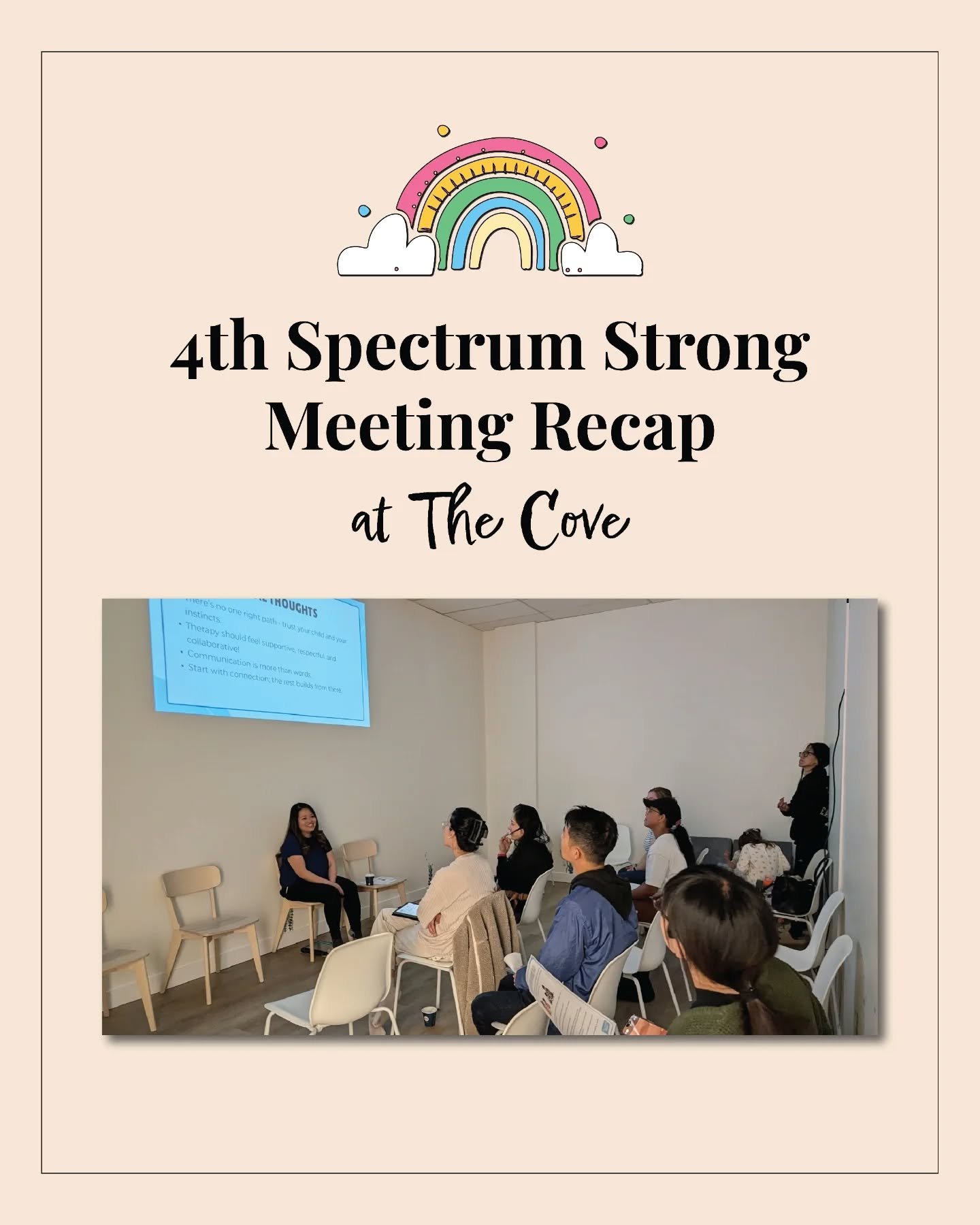 Our 4th 'Spectrum Strong Parents' meeting was held on May 18th at our partner location @thecoveindoorplay.  We had a mix of familiar and new families and a great level of engagement from all parents in the meeting.  Our guest speaker, Nicole Rees fro