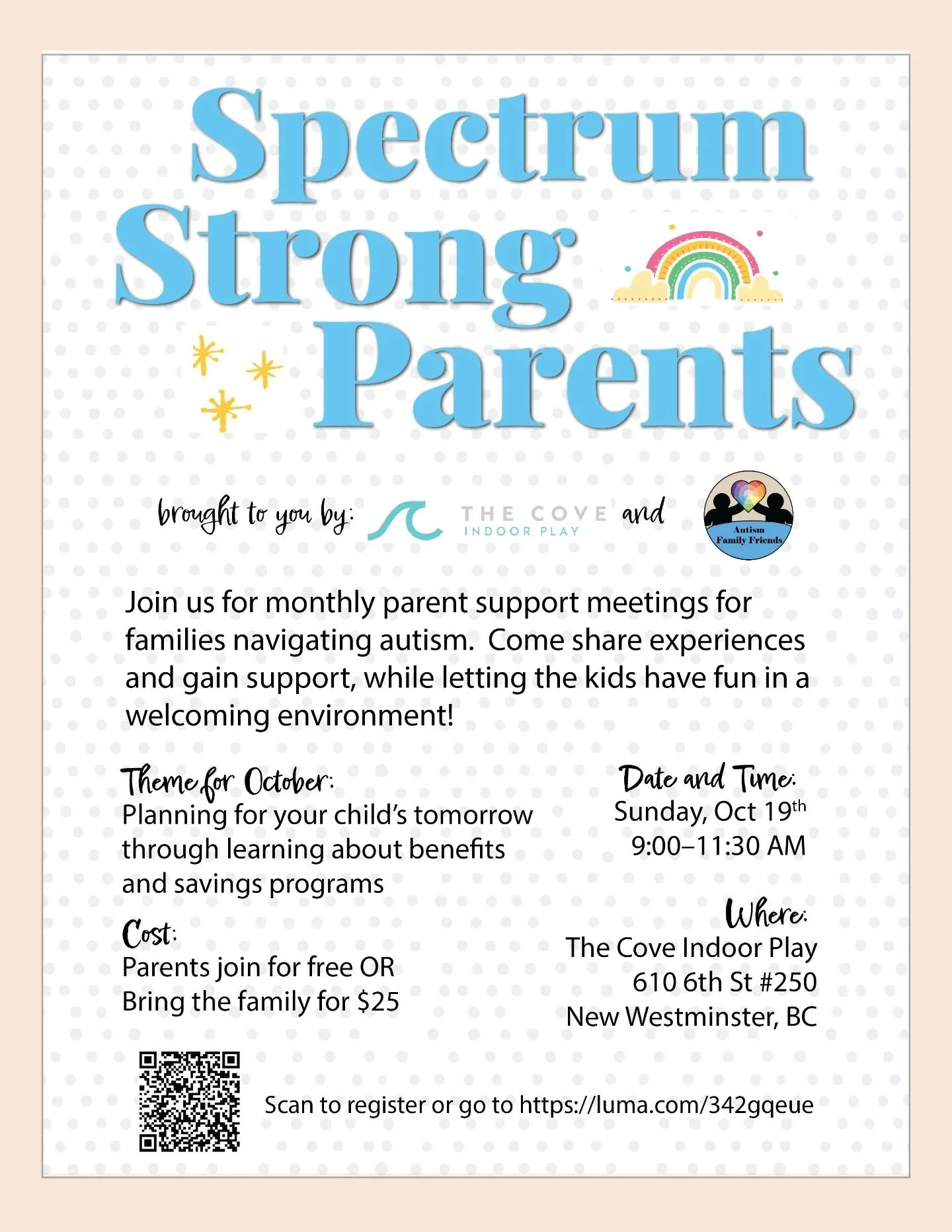 Join us Sunday, Oct 19 from 9&ndash;11:30 AM at The Cove Indoor Play (@thecoveindoorplay ) for our next Spectrum Strong Parents meetup &mdash; a welcoming space for connection, learning, and play 💬🧸

This month&rsquo;s focus: Planning for your chil