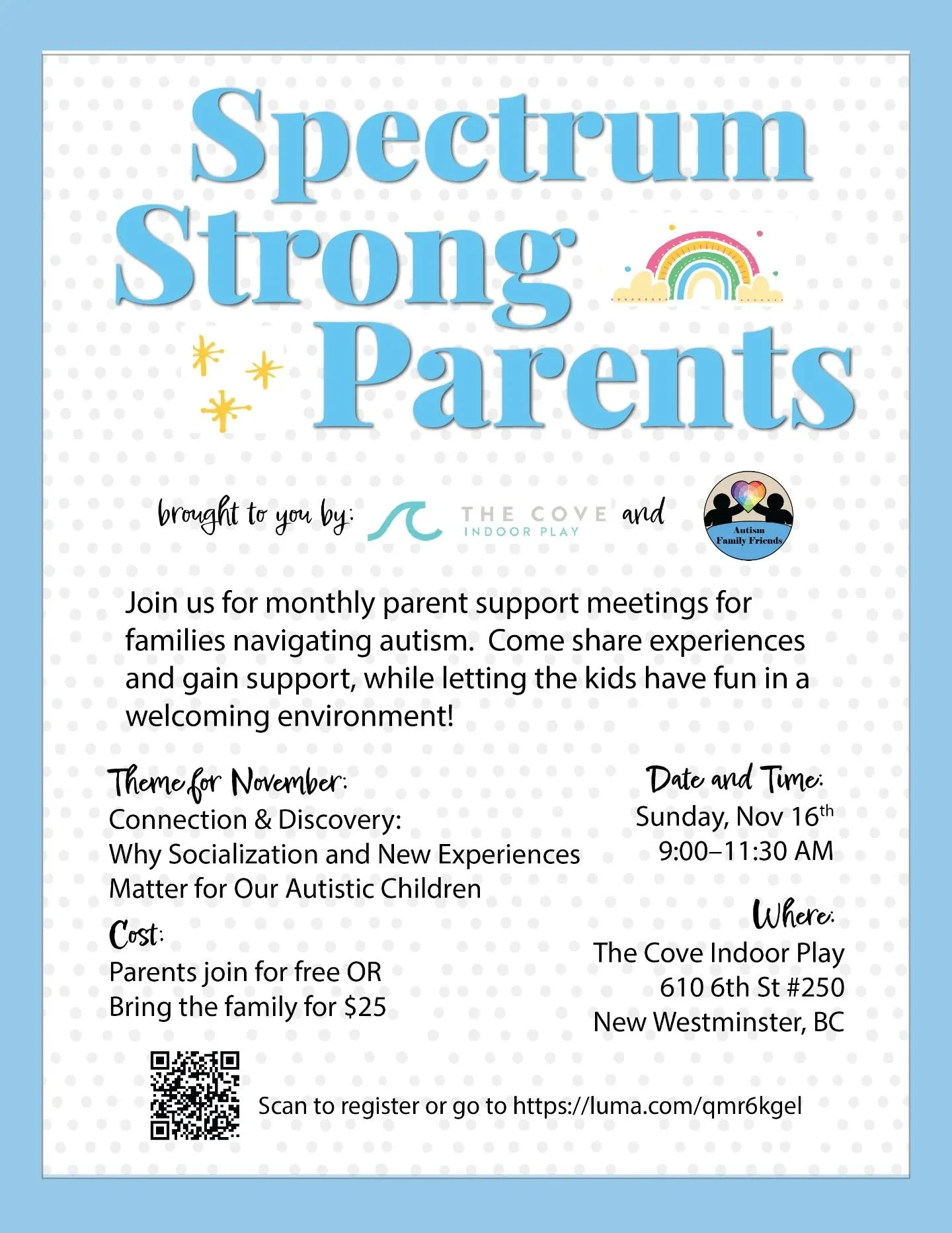 Join us Sunday, Nov 16th from 9&ndash;11:30 AM at The Cove Indoor Play (@thecoveindoorplay ) for our next Spectrum Strong Parents meetup &mdash; a welcoming space for connection, learning, and play 💬🧸
 
💡 November topic: Why socialization and new 