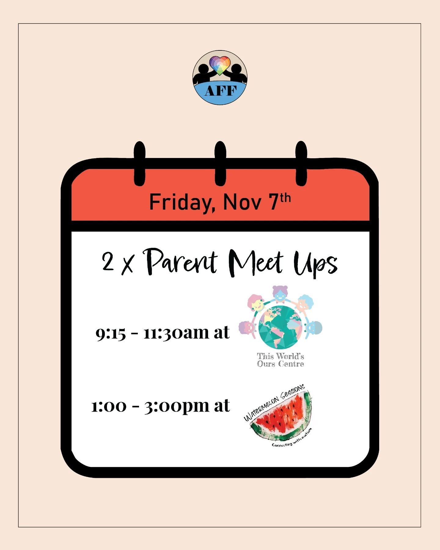 🗓️ Double the chances to meet with us.

We&rsquo;re hosting two connection-focused gatherings for AFF parents this Friday and you&rsquo;re invited!

☕ 9:15&ndash;11:30am
Kick-off meet-up with our new partner, This World Is Ours Centre -  @thisworlds