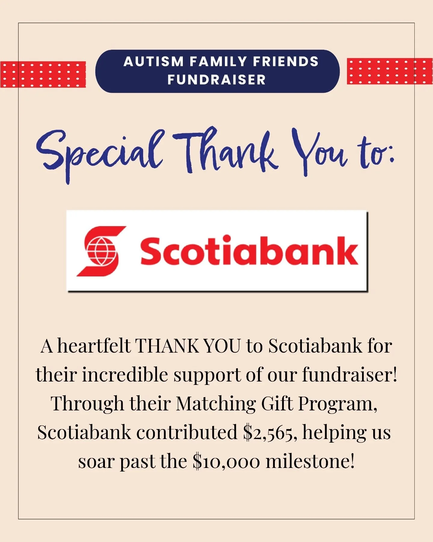 A late post, but better late than never, right?....

Our AFF fundraiser surpassed the $10K mark thanks in large part to the generous support of @scotiabank through their Matching Gift Program, which contributed an incredible $2,565! 💛🎉

We&rsquo;re