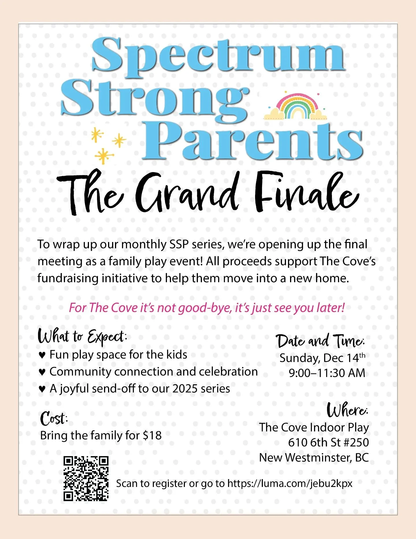 🌟 Spectrum Strong Parents Grand Finale 🌟

📅 Sunday, December 14th
🕘 9:00 AM &ndash; 11:30 AM

📍 Hosted by Autism Family Friends (AFF) &amp; The Cove
✨ Instead of our usual monthly topic, we&rsquo;re opening up the final meeting as a family event