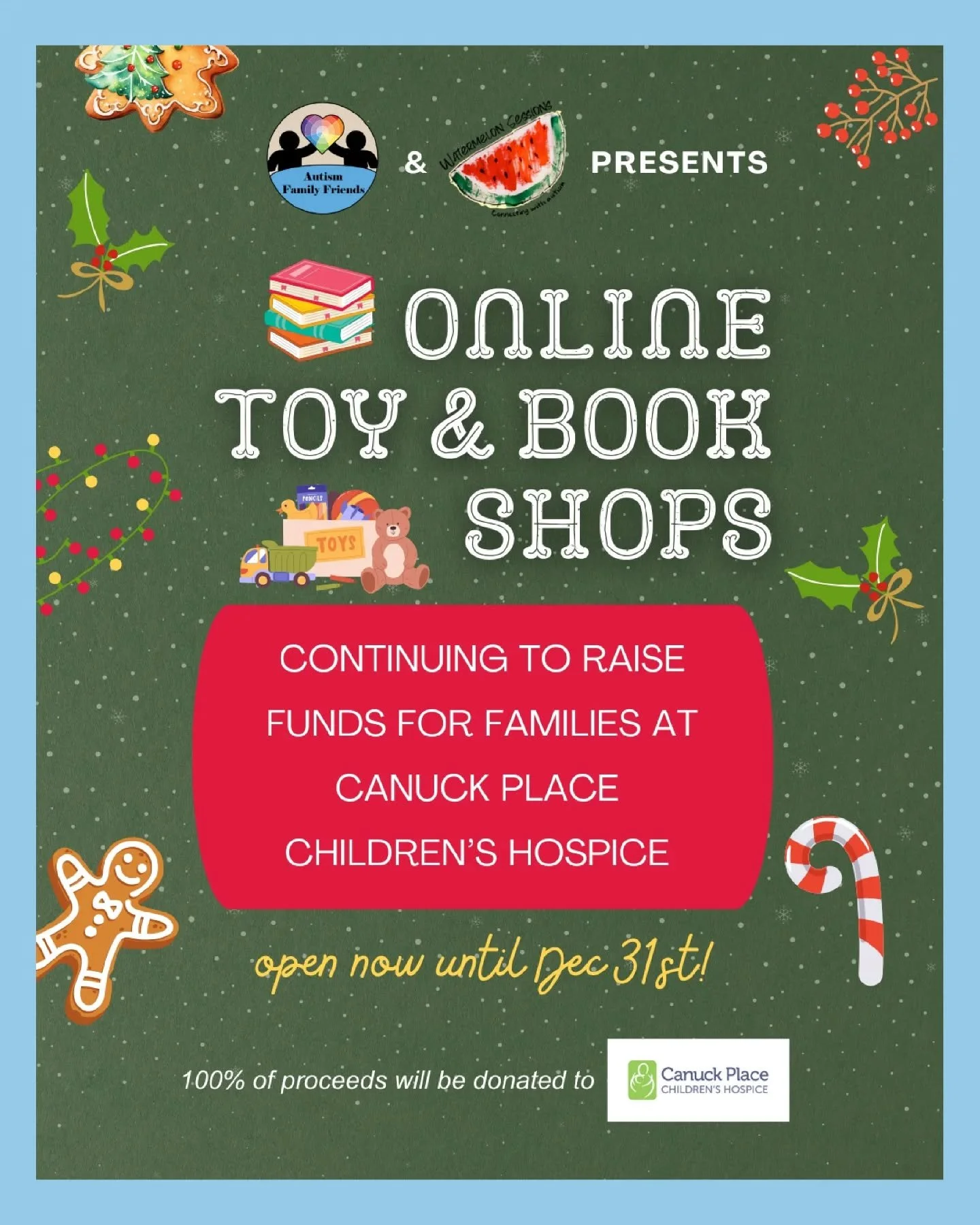 🎄 Toy &amp; Book Drive is now LIVE online! 🎄

Missed the toy drive?  Don't worry!  Support the AFF x Watermelon Sessions Christmas Toy &amp; Book Shops and help us continue to raise funds for Canuck Place Children&rsquo;s Hospice ( @canuckplace )

