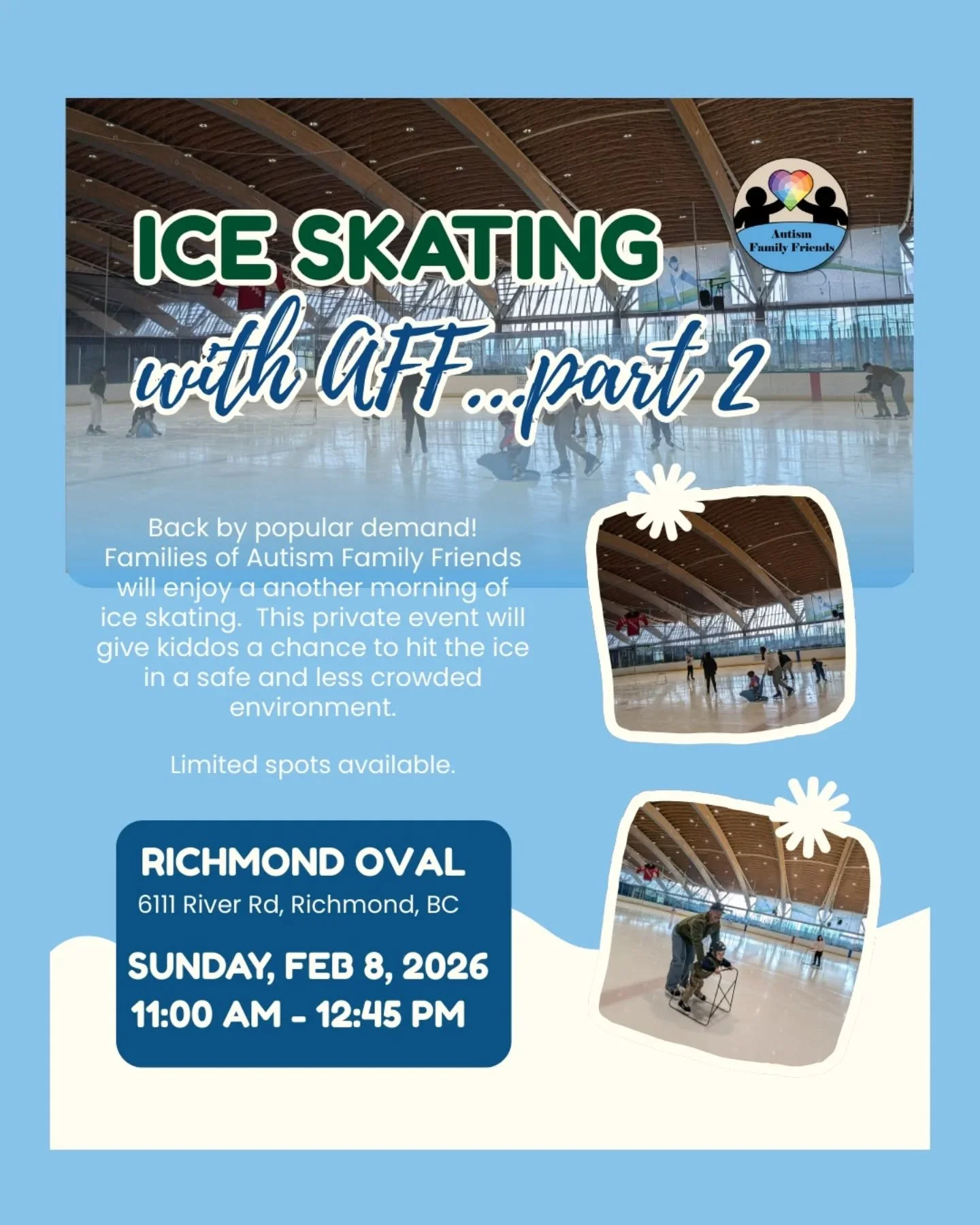 On Feb 8th, we're back at @richmondoval for a 2nd round of ice skating!  The first was a hit so we had to do it again.  We have a few more skaters this time around but the ice is exclusively booked by AFF to enjoy. 
.
We can't wait for parents and ki