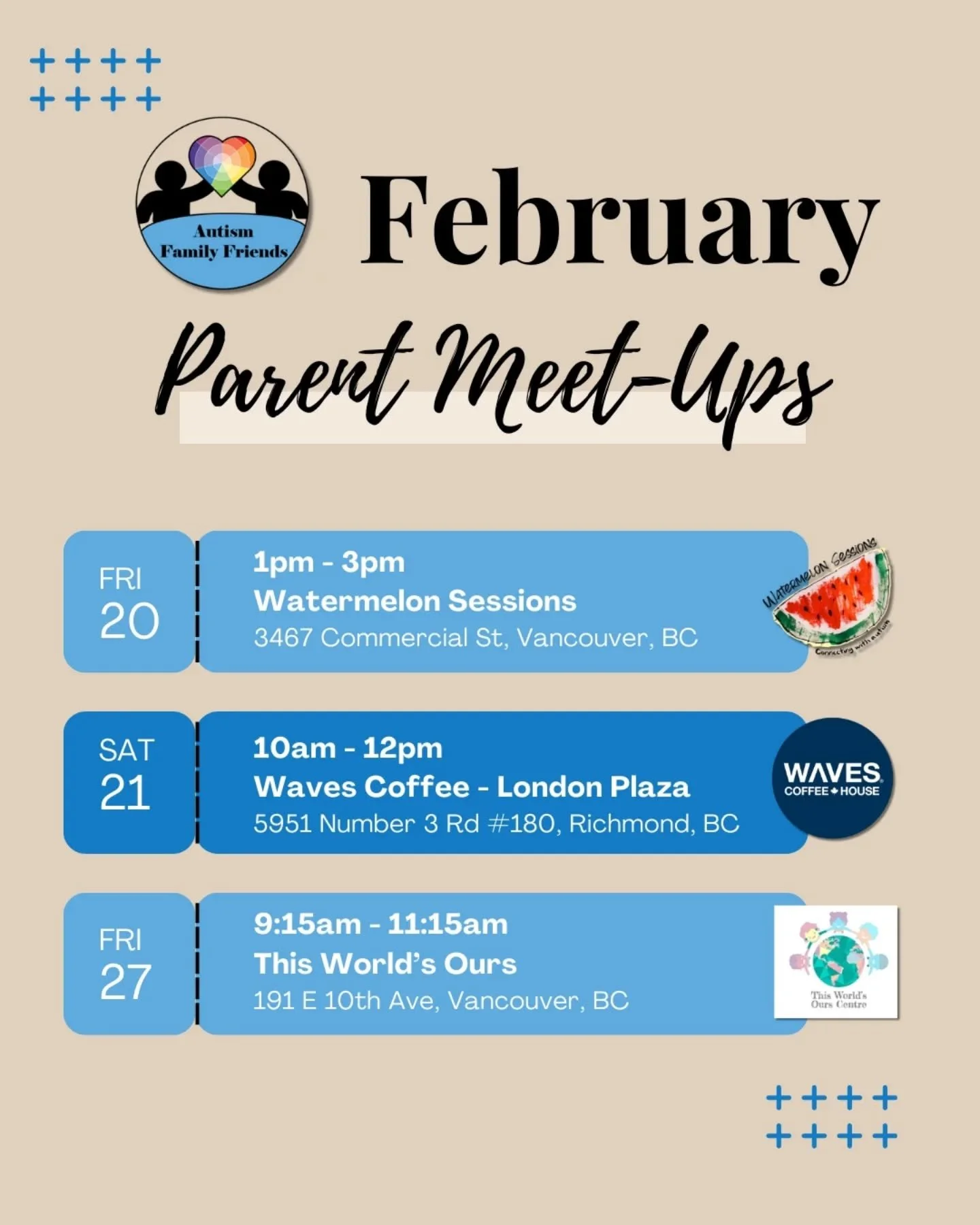 ☕ February Parent Meet-Ups Are Here!

Connection, conversation, and community with three chances this month to get to know AFF and chat with parents on the autism journey. 💛

✨ Vancouver &ndash; Fri, Feb 20  1&ndash;3 PM
Watermelon Sessions
A cozy, 