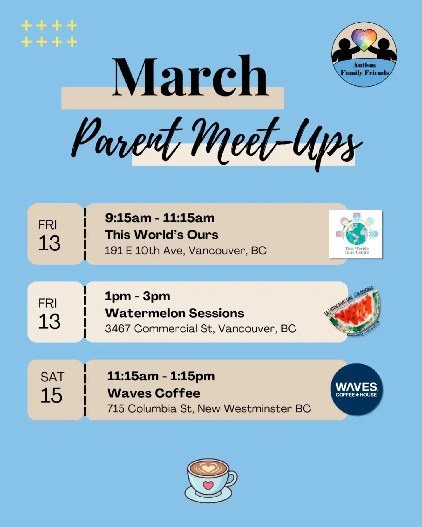 And just like that, March is here!

This month brings three opportunities for parents and caregivers to connect, share, and recharge together at our AFF Parent Supports Meetings.  Each gathering offers a warm, judgment‑free space to talk, listen, and
