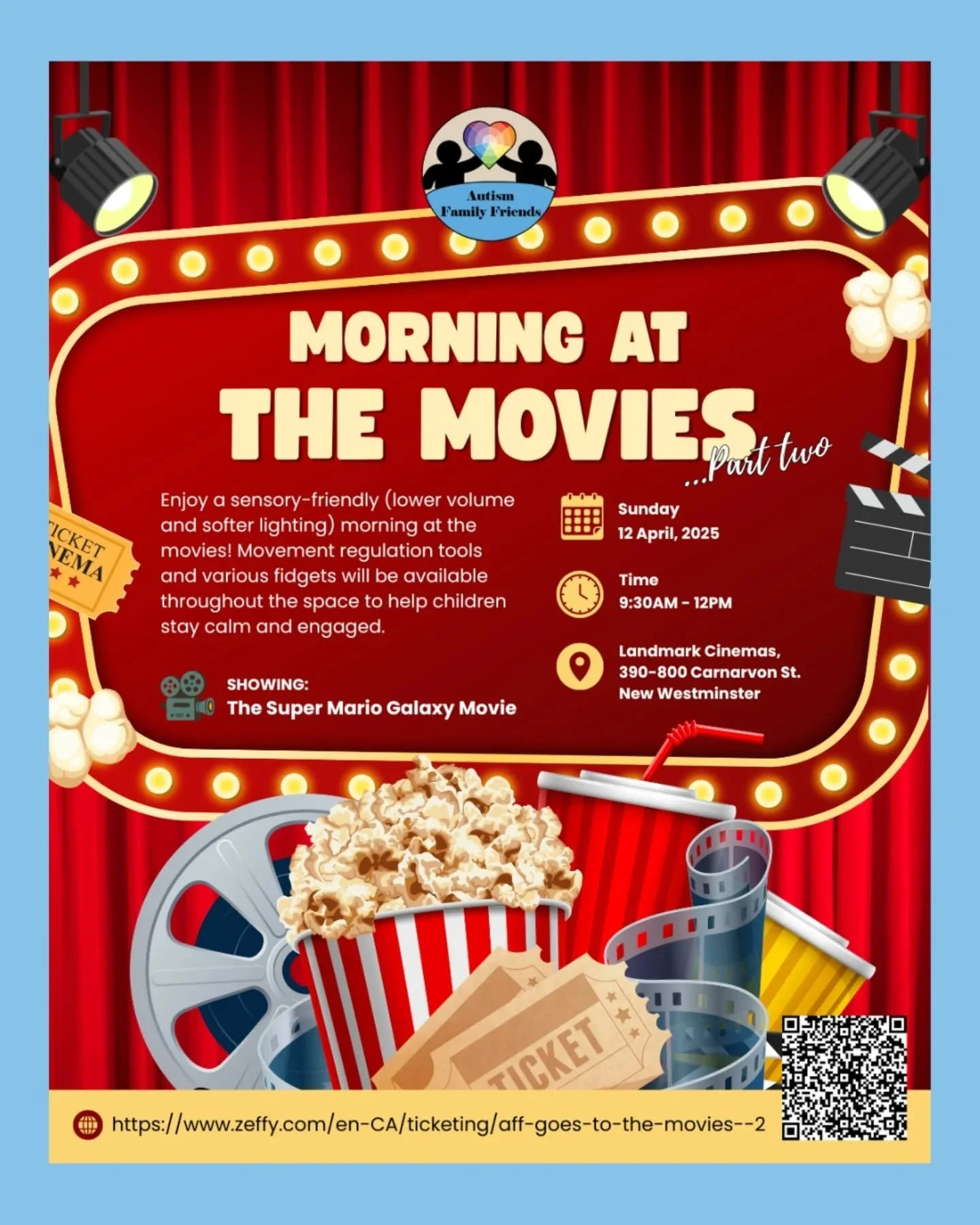 Back by popular demand....AFF is hosting another movie morning on April 12th!
Doors open at 9:30am, moving starts at 10am

🎬✨ Private showing:  Super Mario Galaxy Movie 

Join us for a 2nd sensory-friendly screening made just for our community!  Wit