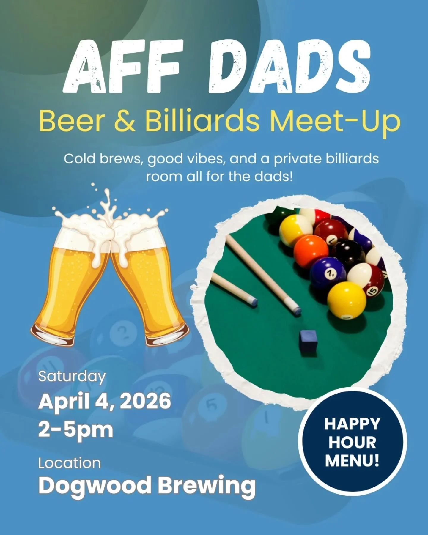 AFF Dads&rsquo; event is coming up, and they'll be taking over a private room for an evening of brews, billiards, and good company. 🍻🎱

Dads can unwind, connect, and enjoy a few rounds of pool in a laid‑back, judgment‑free space.  This one is all a