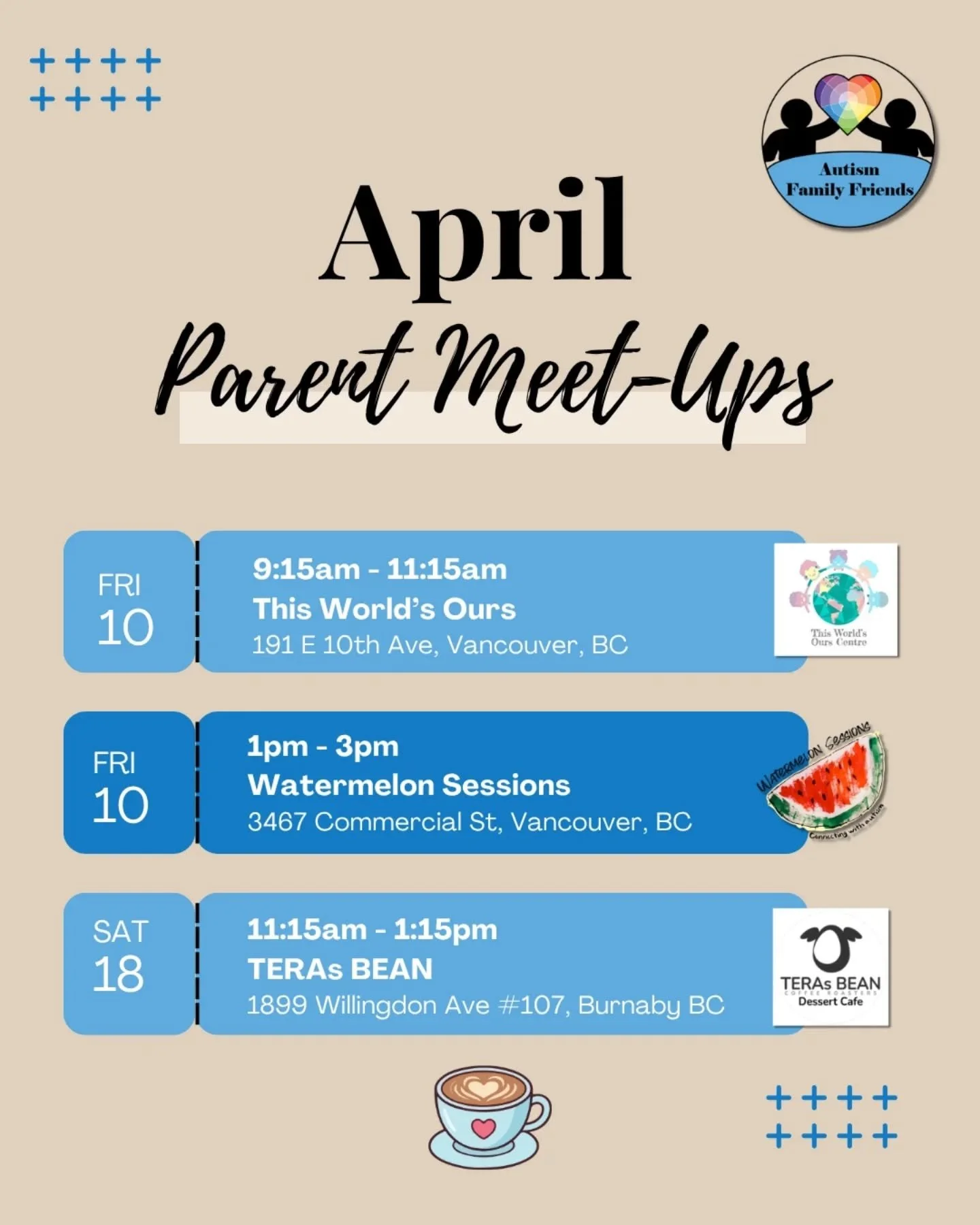 April is Autism Acceptance Month, and we&rsquo;d love to connect with you. 💙

AFF is hosting three in‑person Parent Meet‑Ups &amp; Support Spaces that provide welcoming spaces to chat, share, breathe, and feel understood.  Whether you&rsquo;re new t