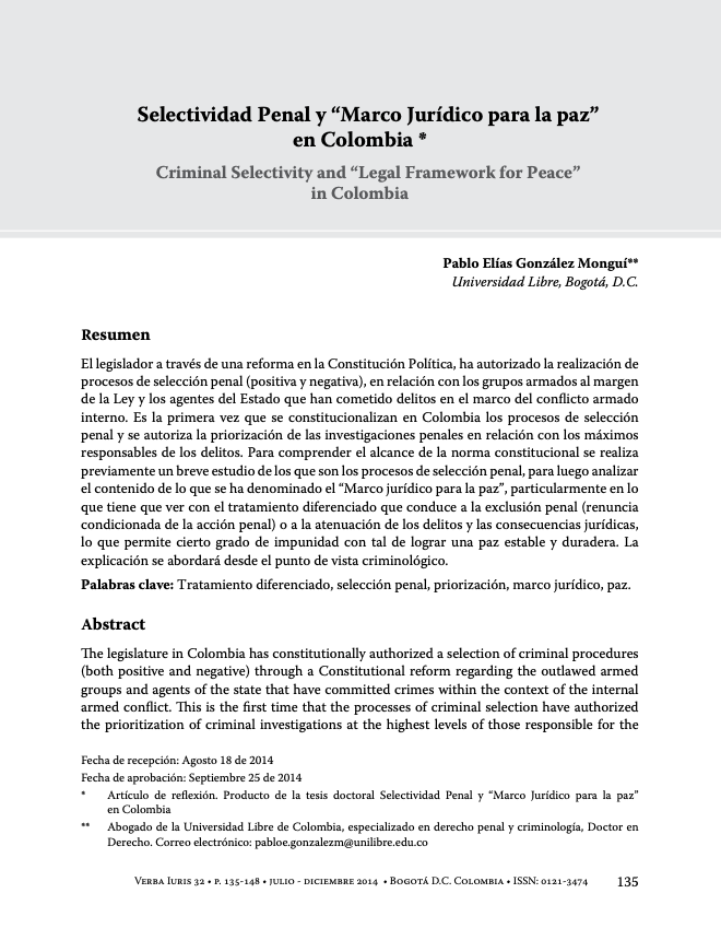 Selectividad penal y marco jurídico para la paz en Colombia