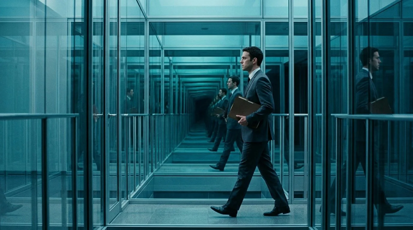 En kontorsarbetare går genom en steril glaskorridor, omsluten av oändliga cyanfärgade rumsreflektioner.
