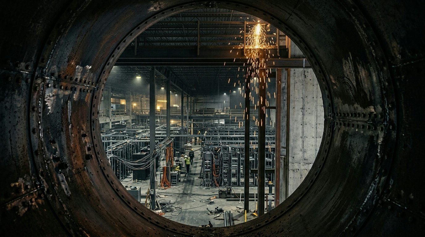 Inifrån ett metallrör syns verkstad med fallande gnistor och halvfärdig serverhall.