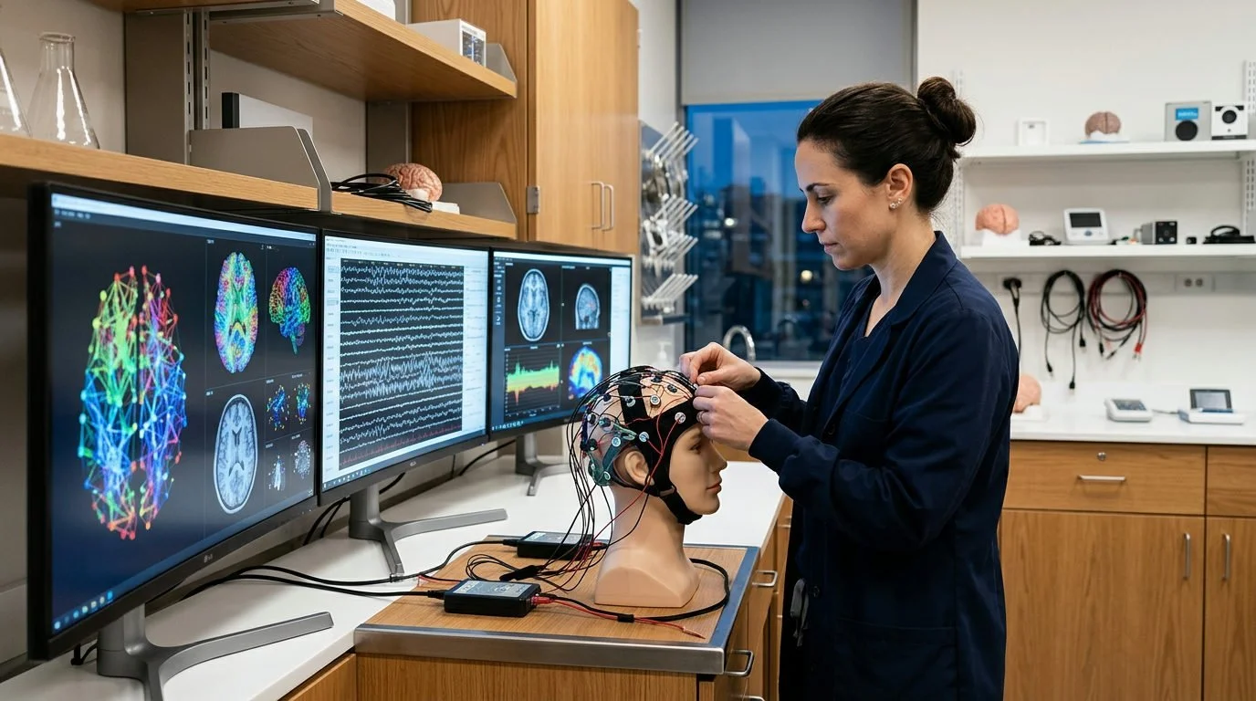 En ensam neuroforskare justerar elektroder på en neurofeedback-headset i ett modernt laboratorium.