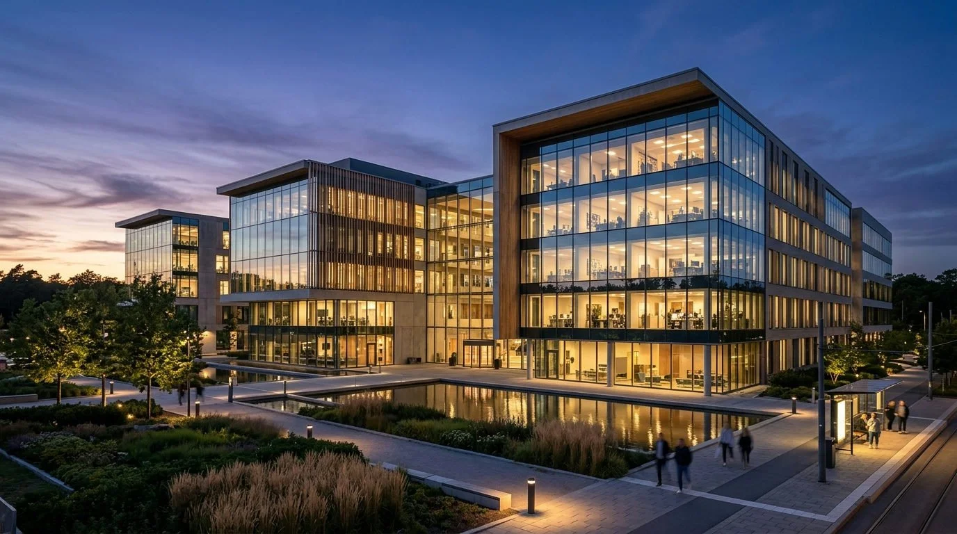 Modernt skandinaviskt huvudkontor i skymningen med glasfasader som speglar det bleknande ljuset.