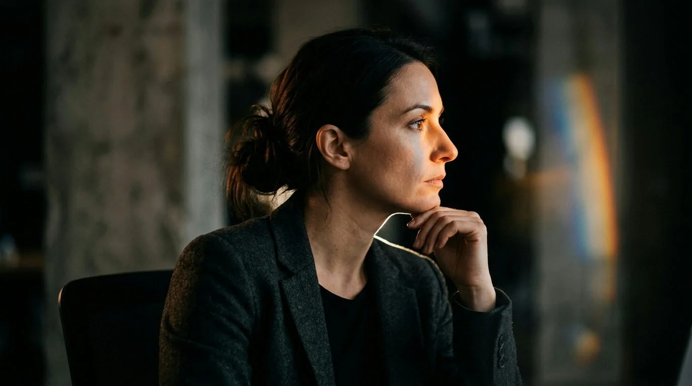 Professionell kvinna tänker djupt, ansiktet belyst av mjukt bärnstensfärgat ljus.