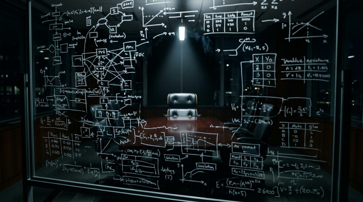 Mörkt konferensrum med ogenomskinliga tekniska diagram på en transparent glastavla. En tom läderstol i skuggan.