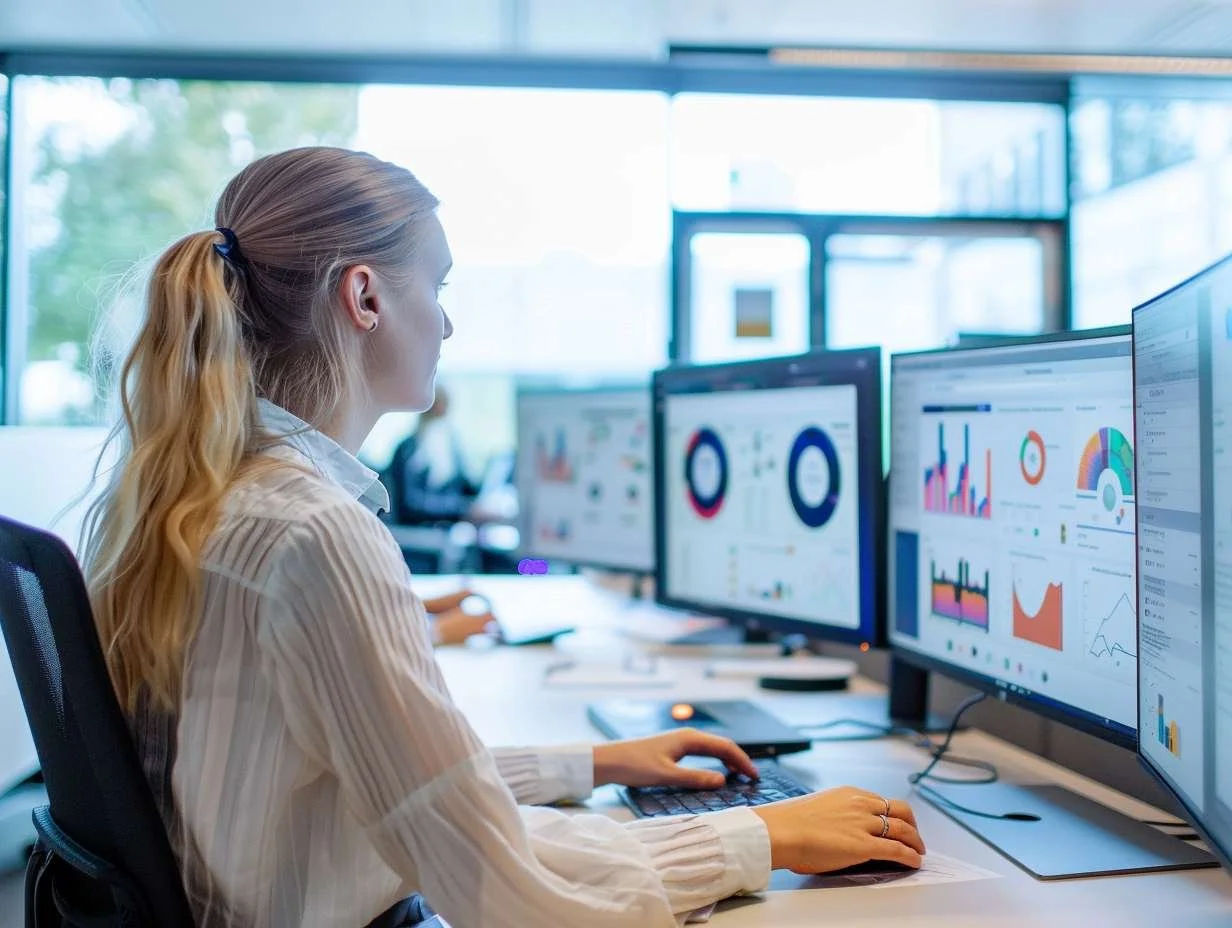 Kvinna vid datorskärmar som visar grafer, representerande fördelar med AI-utbildning för offentlig sektor.