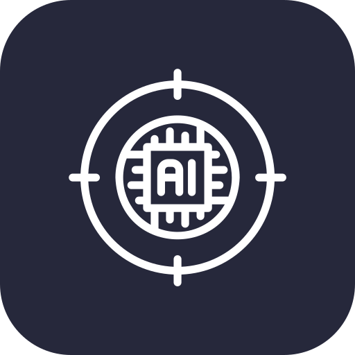 Ikon med ett AI-chip i ett målsikte, som symboliserar precis målgruppsanalys och praktisk användning av AI i marknadsföringsstrategier.