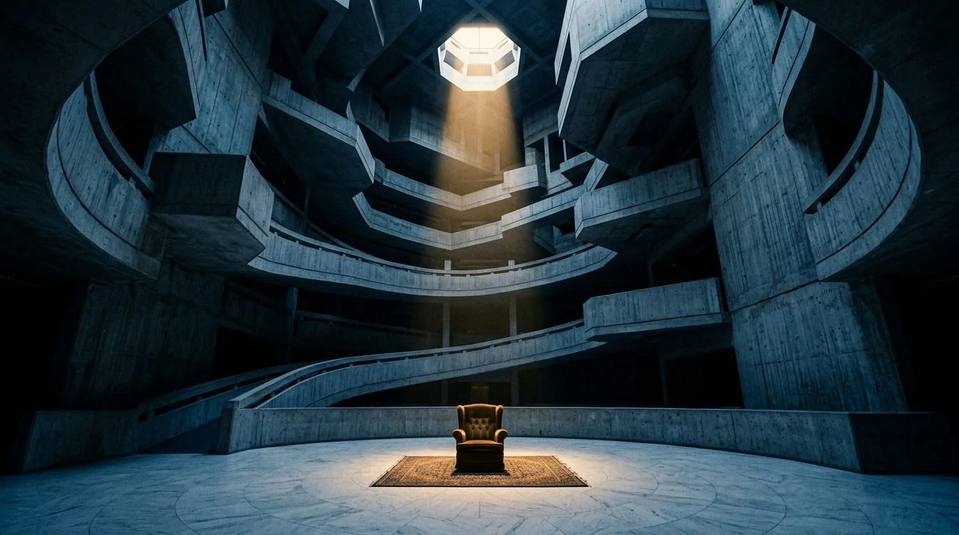 Kolossal brutalistisk atriumentré med spiralformade betonggångar. En plyschfåtölj under ett gyllene strålkastarljus.