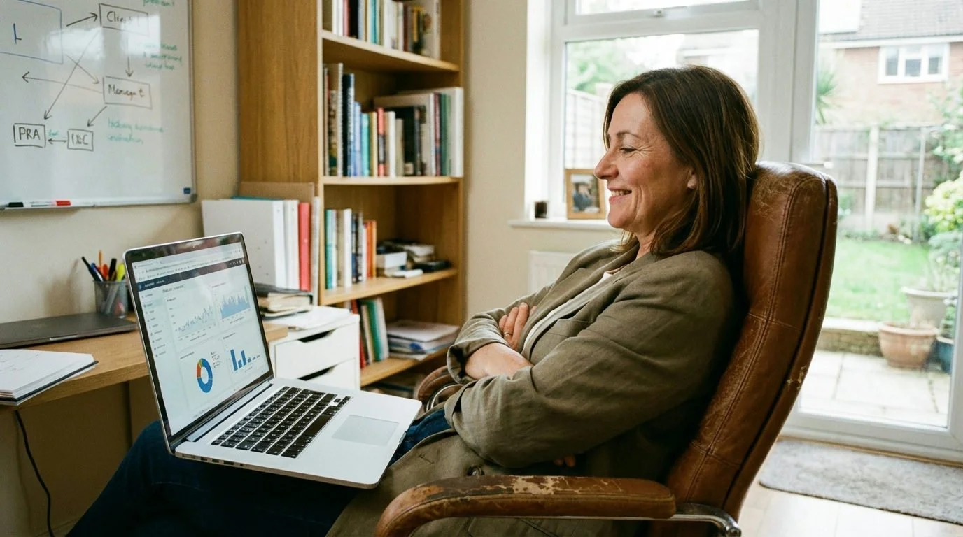 Leende driftchef med korsade armar, blickar nöjt på en öppen laptop vid skrivbordet.