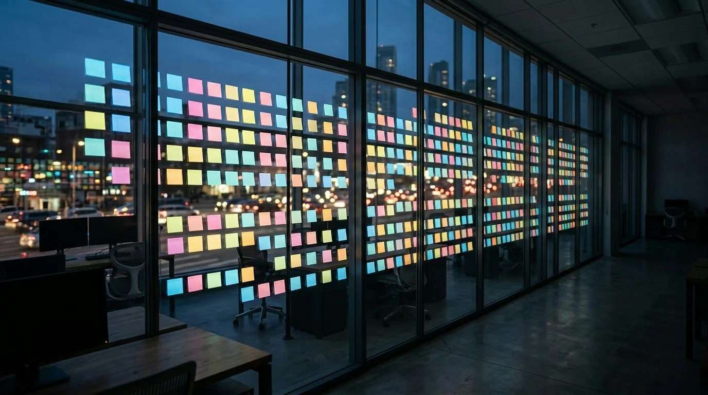 Tomt, dunkelt kontor med massiv glasvägg täckt av neonlappar i galler. Oskärpa, kaotiskt trafikljus reflekteras.