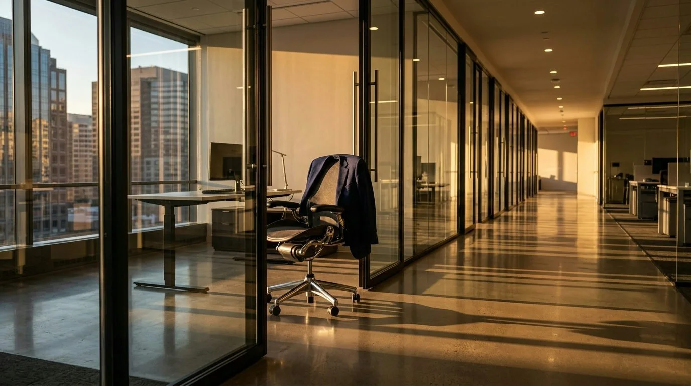 Tom glasklädd kontorskorridor i varmt solljus. Skarpa skuggor, polerat betonggolv, kavaj över stol.