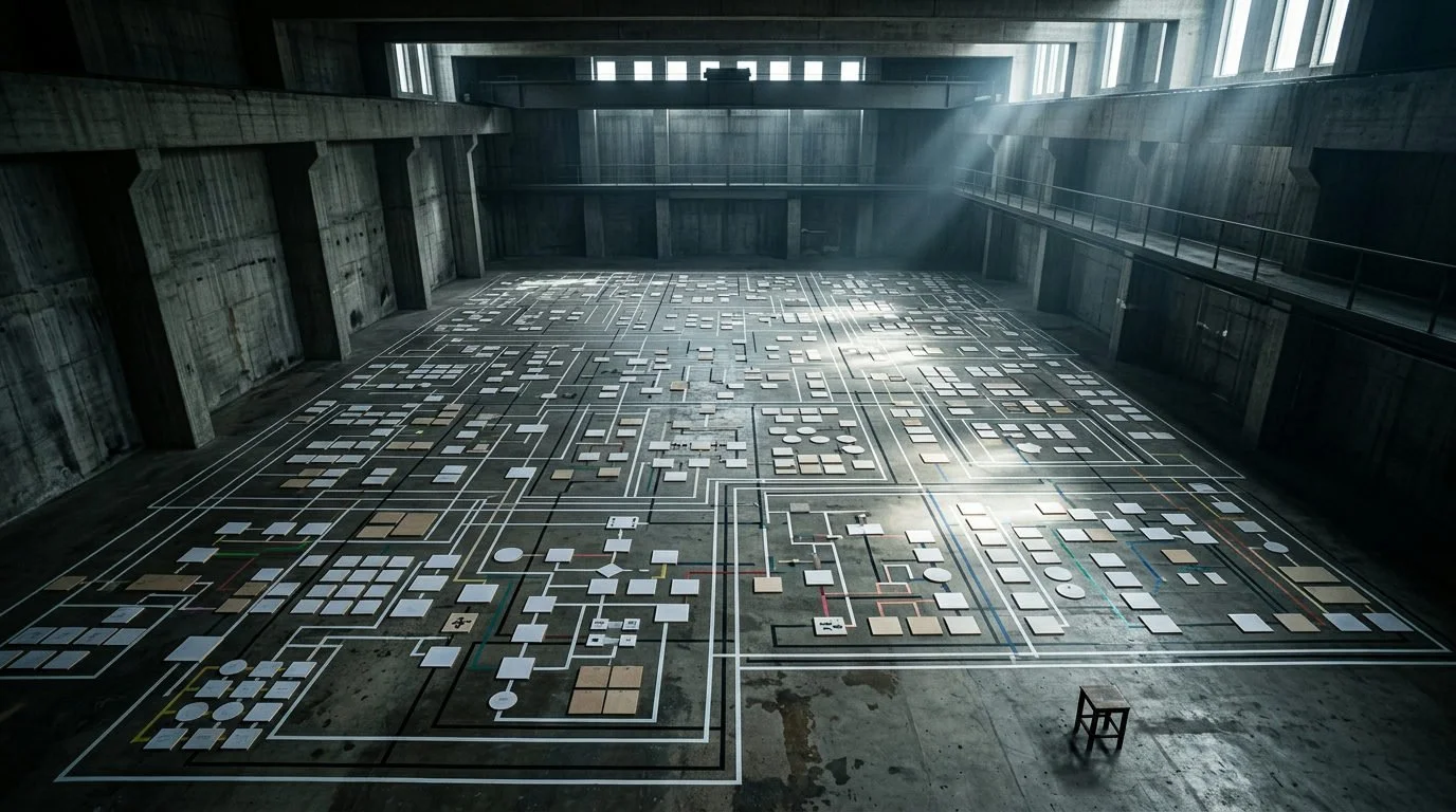 Stort brutalt företagsstrategirum med en enorm, detaljerad arbetsflödeskarta på golvet.