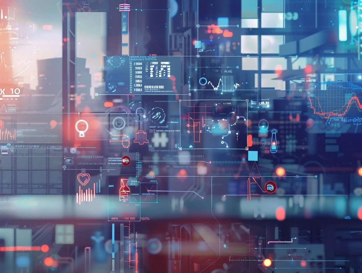 Illustration av hur AI och maskininlärning används inom olika industrier som sjukvård, finans och tillverkning.