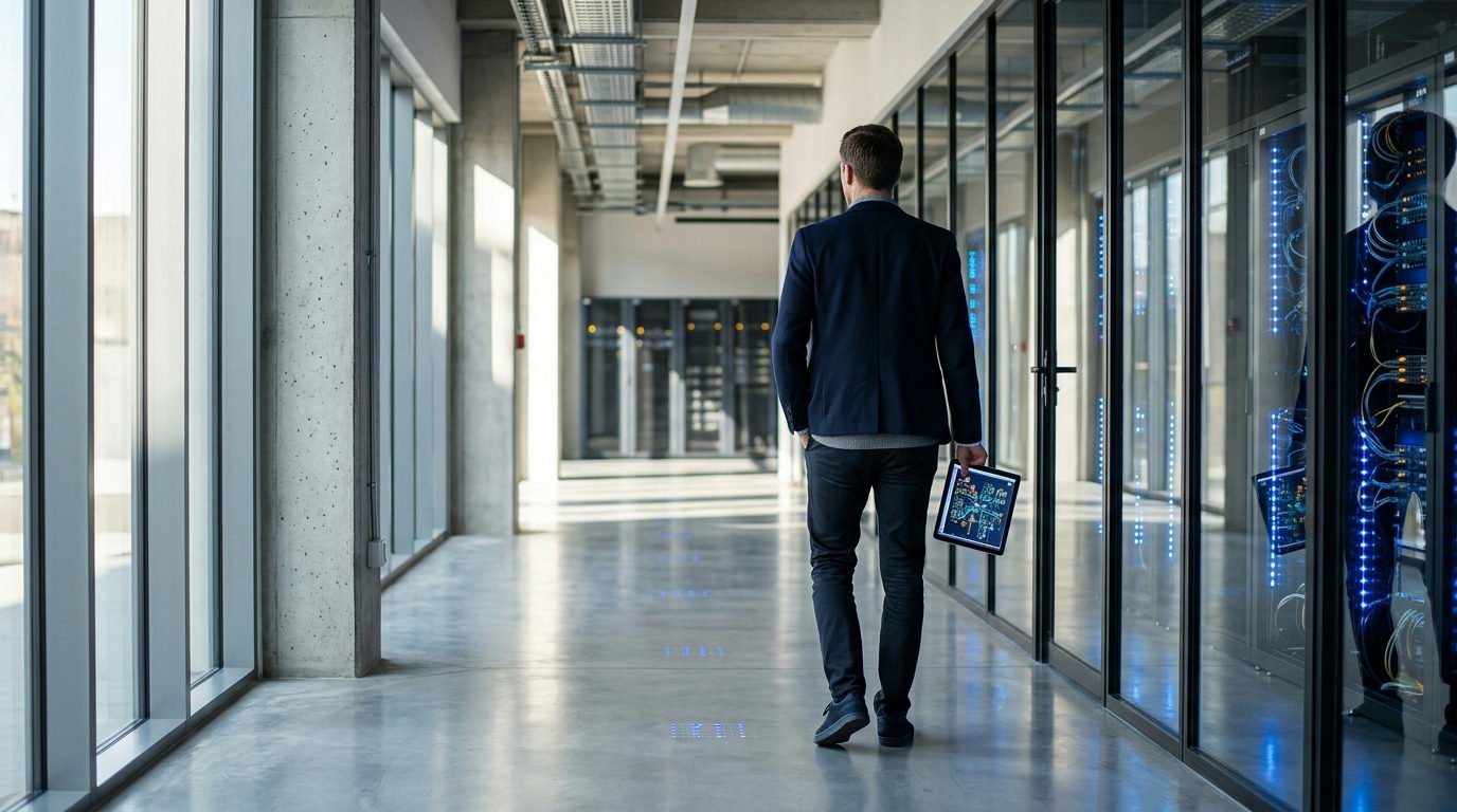 En dataarkitekt sedd bakifrån går genom en solbelyst serverhall med reflekterande betonggolv.