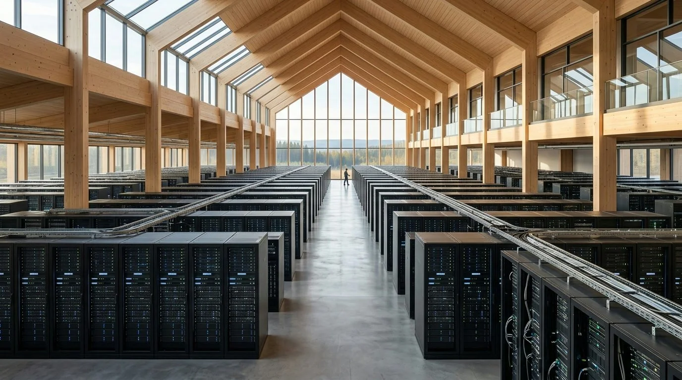 Solfylld, vidvinkel interiör av ett minimalistiskt nordiskt datacenter med trärack och serverlampor.