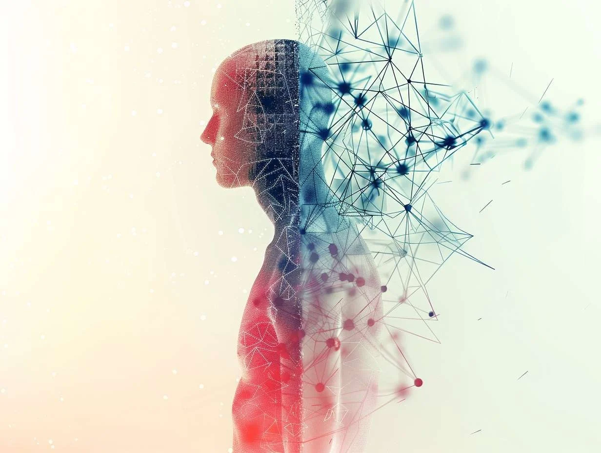 Ett abstrakt hologram av en robotfigur som symboliserar AI på ena sidan och ett nätverk av sammanlänkade datapunkter som representerar maskininlärning på den andra, som möts i mitten för att visa deras samarbete.