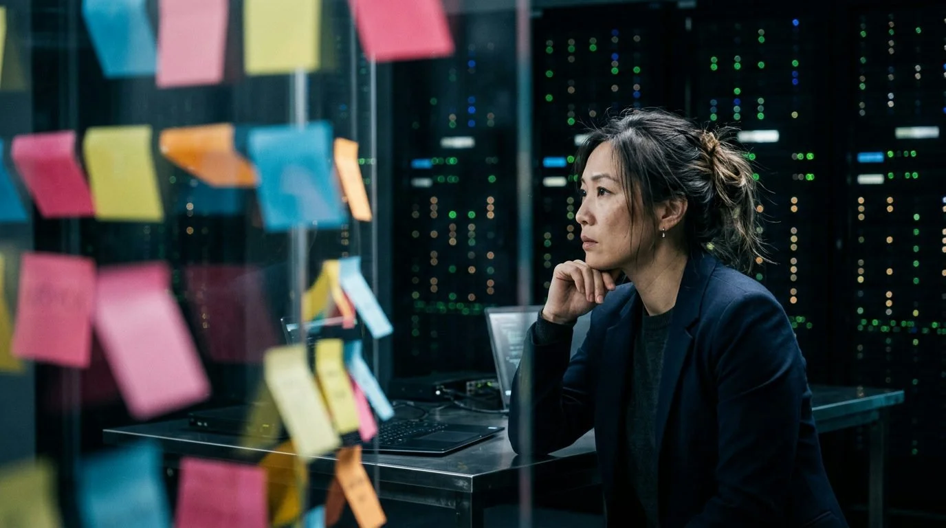 Tech lead tänker fokuserat bakom glasvägg, suddiga post-it-lappar i förgrunden, serverlampor i skuggig bakgrund.