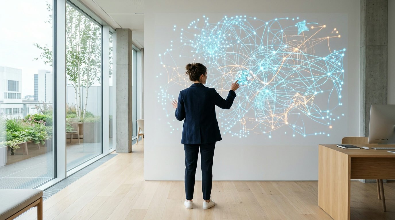 Datavetare framför en stor, lysande AI-modell på en minimalistisk vägg i ett modernt kontor.