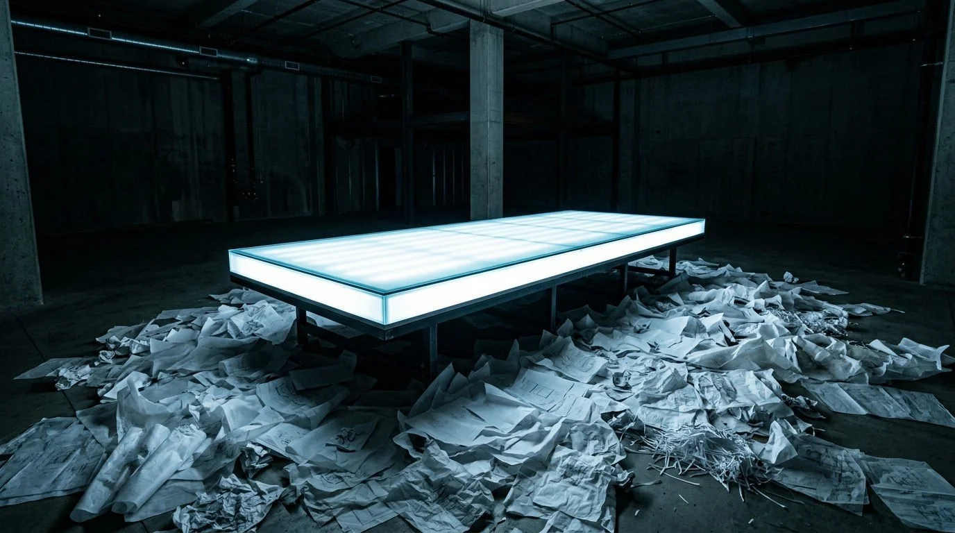 Ett stort, mörkt designrum med ett glödande ritbord som lyser upp ett hav av kasserade papper.