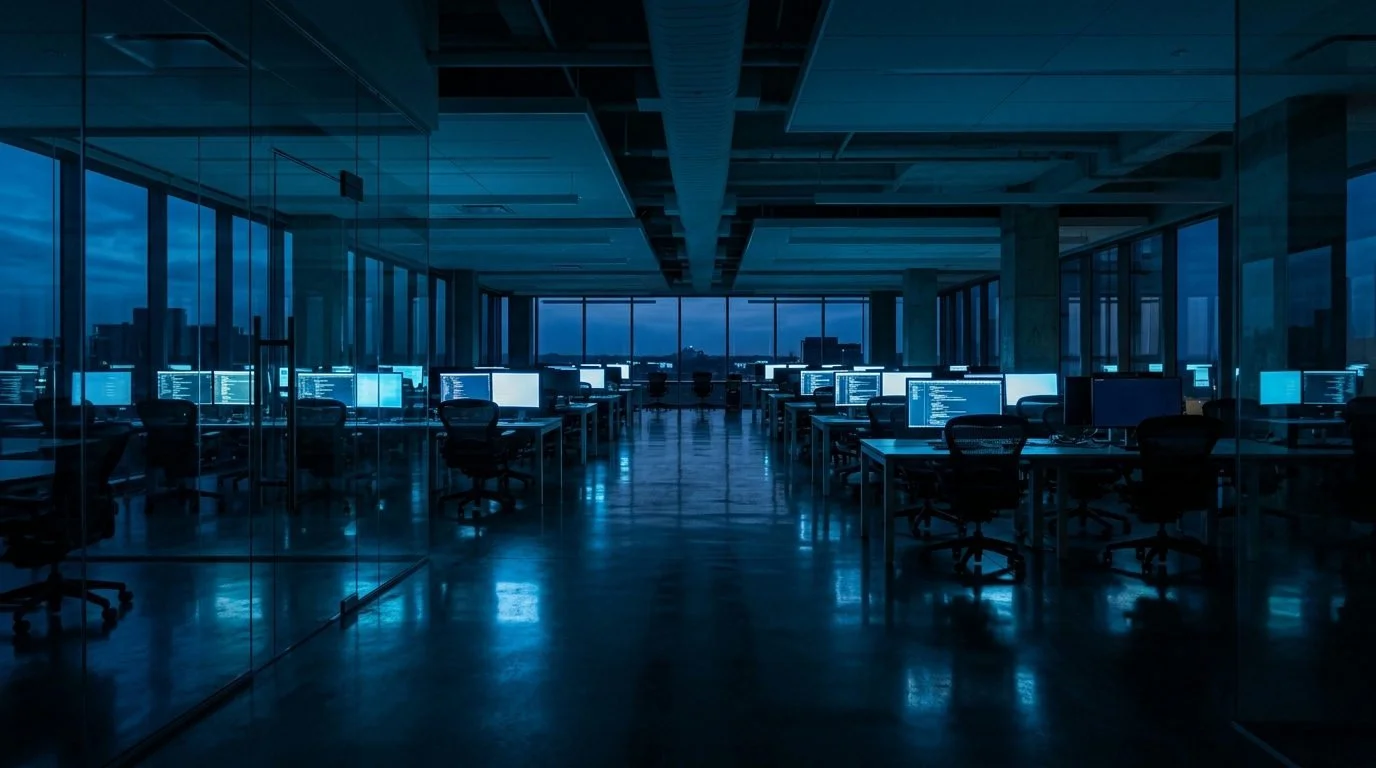 Minimalistiskt högteknologiskt kontor i skymningen med tomma stolar och blått ljus från skärmar.