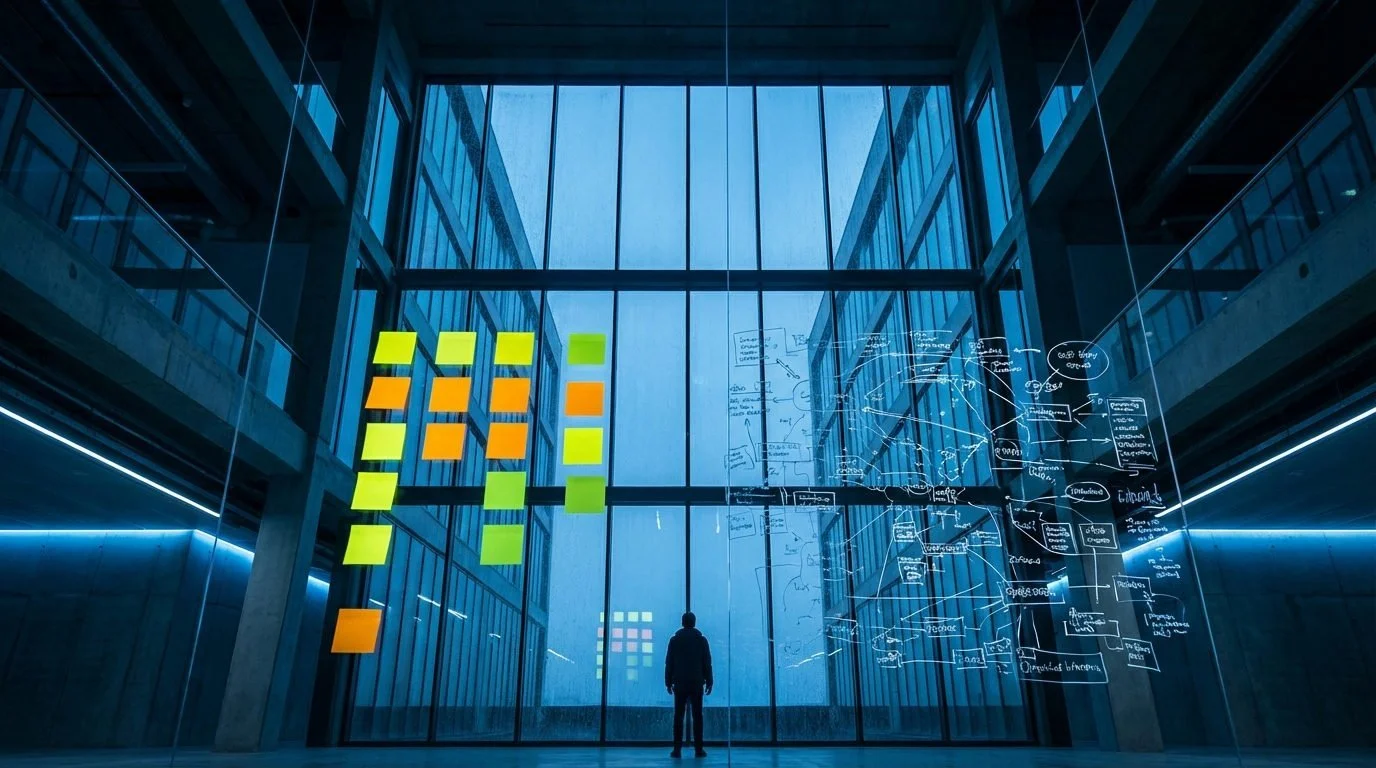 En person står framför en massiv glasvägg i ett mörkt kontor. Klisterlappar på ena sidan, komplexa diagram på den andra.