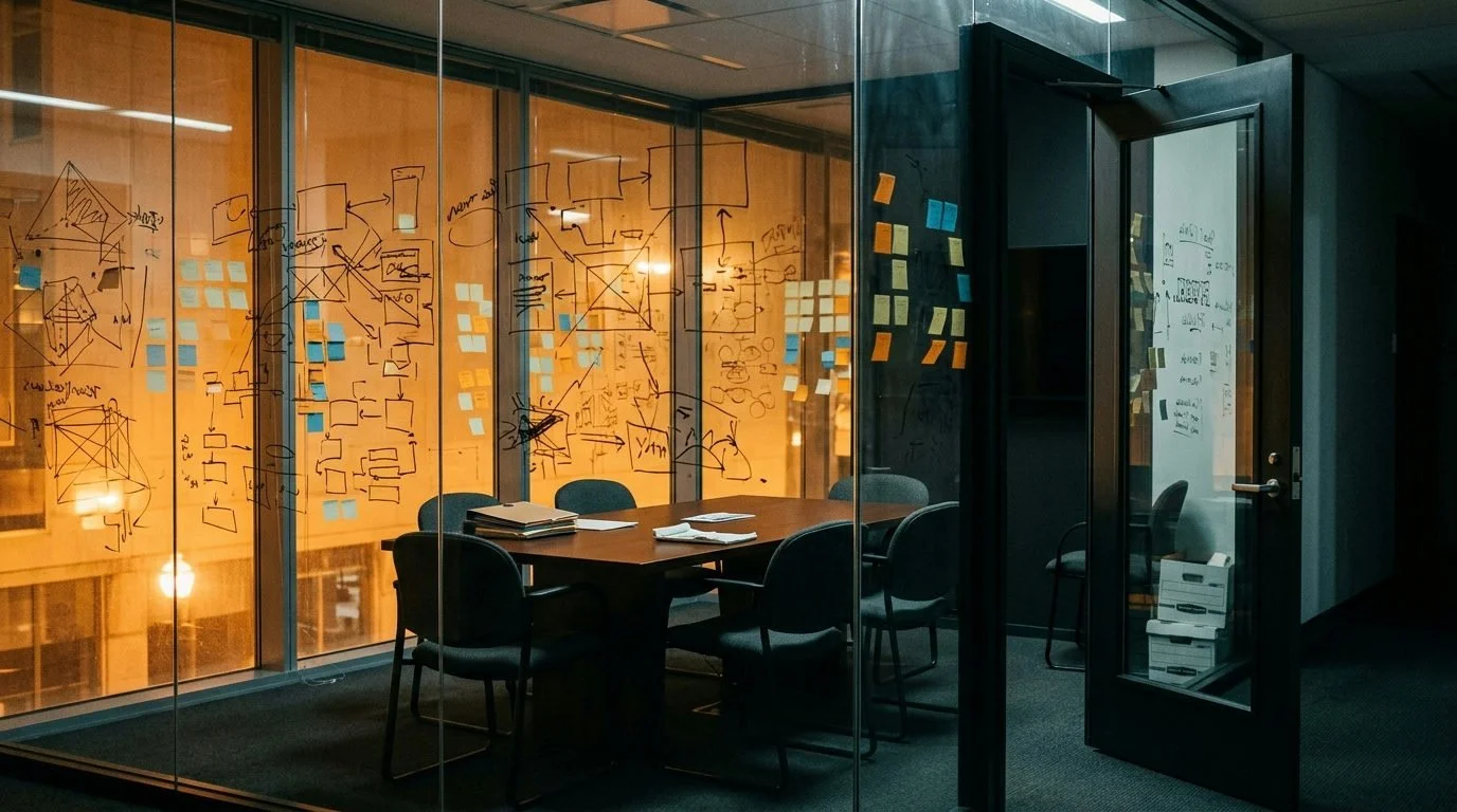 Projektionsrum med glasväggar, upplyst av gatlyktor. Geometriska flödesscheman, tomma post-it-lappar.