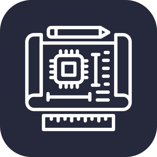 Ikon med en ritning, ett AI-chip och en penna, som symboliserar strategisk planering och framtidsorienterad implementering av AI i marknadsföring.