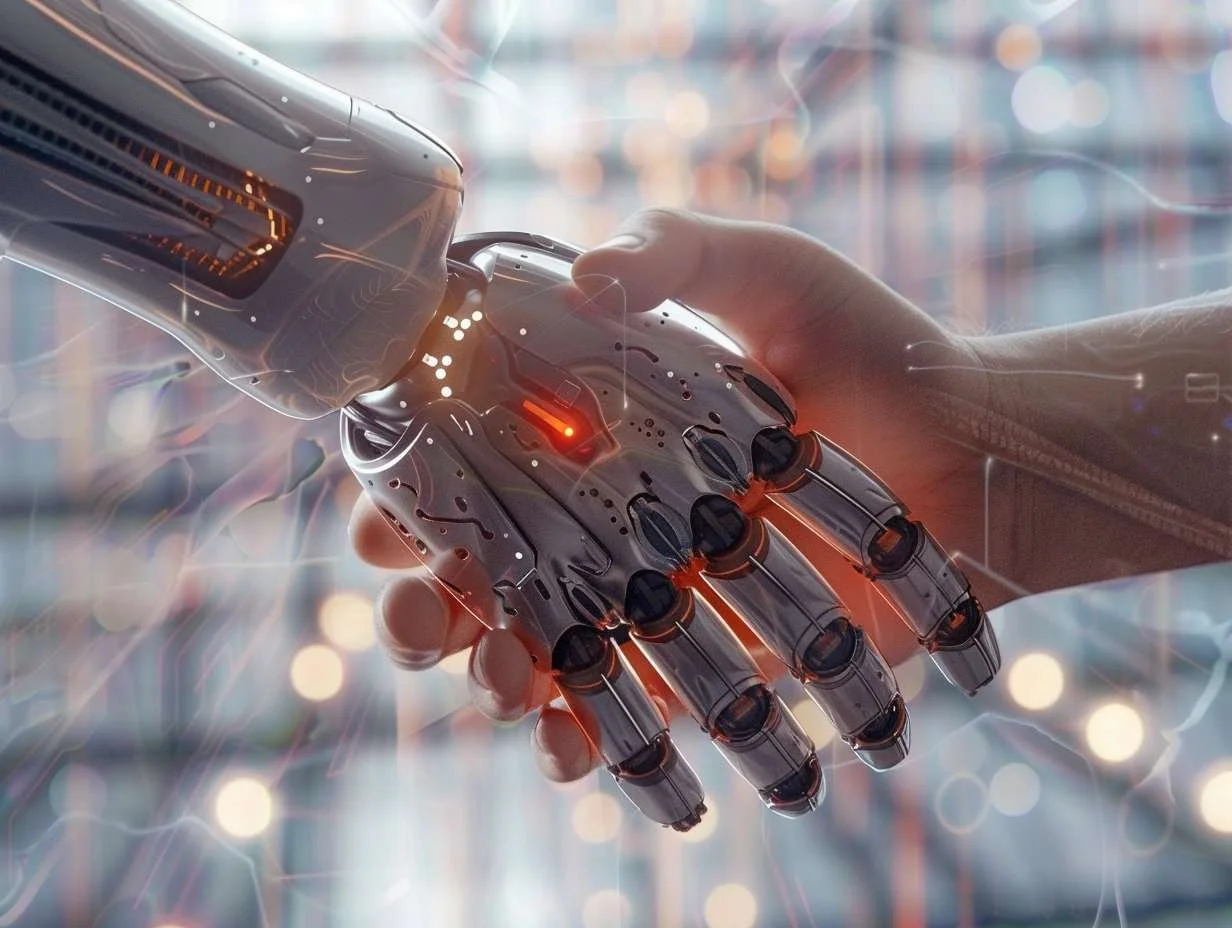 Illustration av en mänsklig hand som skakar hand med en robot, symboliserar samarbete mellan människor och AI.